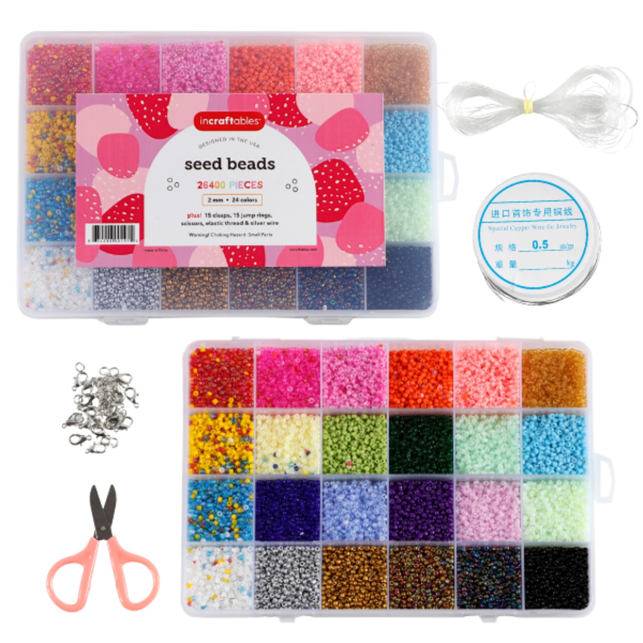 Incraftables 26400pcs Seed Beads for Jewelry Making (24 Colors). Best Waist Small 2mm Glass Bead Kit for DIY Bracelet & Necklace with Clasps, Jump Rings, Elastic String & Organizer for Adults & Kids